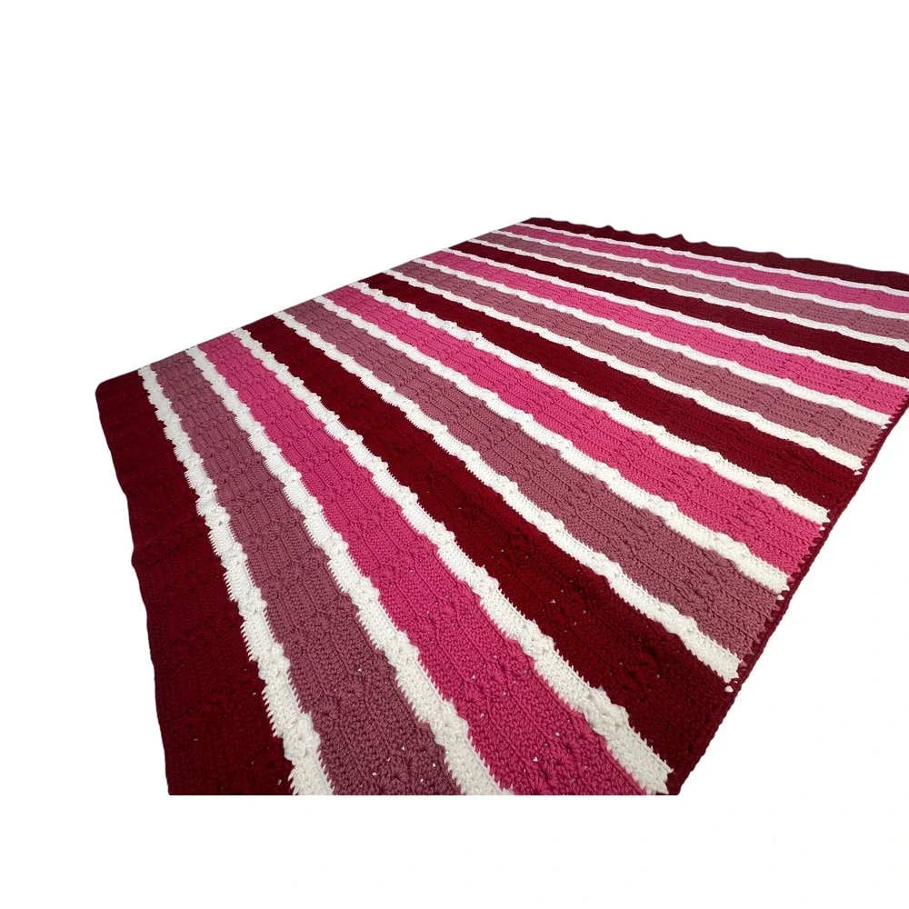 Handmade Crochet Throw Blanket 47x60 Burgundy Pink Excellent Striped Boho